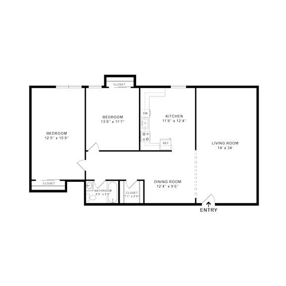 A floor plan of a house with a living room, two bedrooms, a dining room, a kitchen, and an entry.