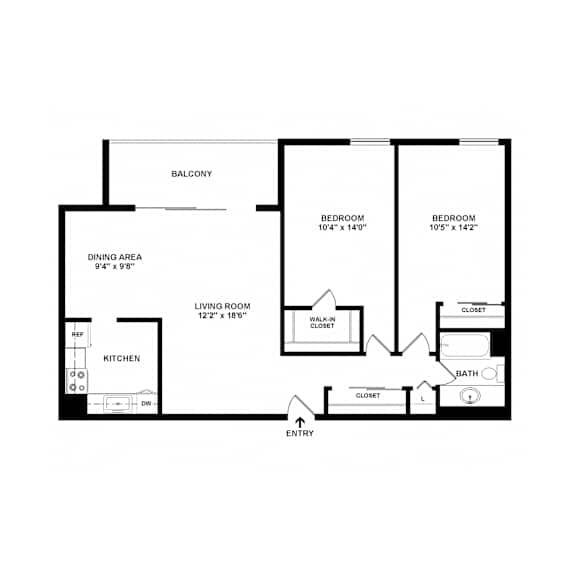 A black and white floor plan of a house with a balcony, two bedrooms, a living room, a dining area, a kitchen, a bathroom, and an entry point.