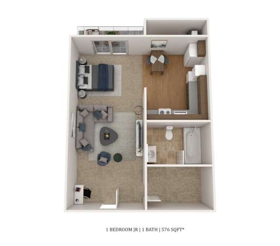 A 1 bedroom apartment with a bath.