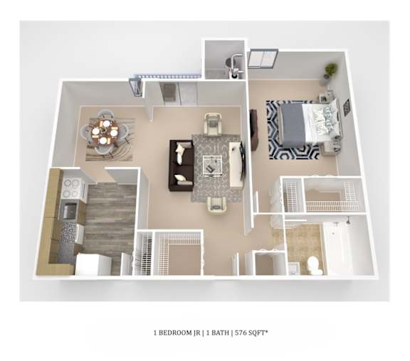 A floor plan of a one bedroom apartment with one bath.