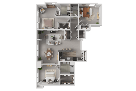 A detailed 3D floor plan of a house showing all rooms and their layouts.