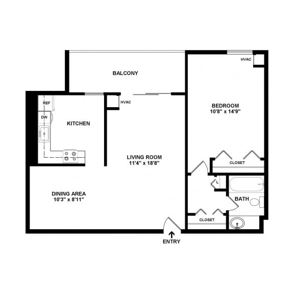 1 Bedroom 1 Bathroom High-Rise Floor Plan at Seven Springs Apartments, College Park, MD