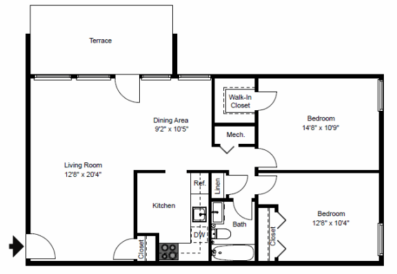 2 Bedroom 2 Bathroom Floor Plan at Seven Springs Apartments, Maryland