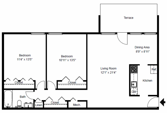 2 bedroom floor plan at Seven Springs Apartments, College Park