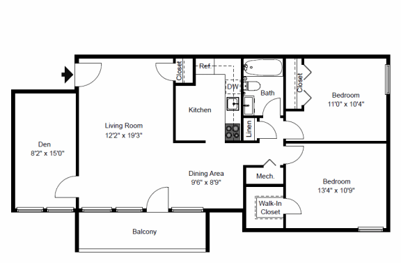 2 bedroom & den floor plan at Seven Springs Apartments, Maryland, 20740