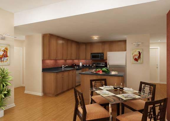 A kitchen with a table set for four at Argent Apartments, Silver Spring, MD 20910
