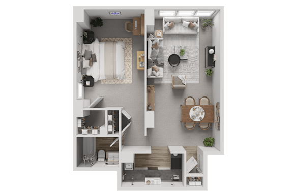 A top-down view of a small apartment with a kitchen, living room, and bedroom.