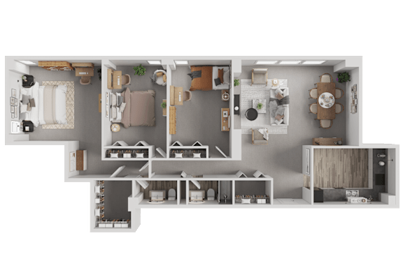 A detailed 3D floor plan of a modern apartment layout.