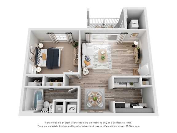 A 3D floor plan of a house with a kitchen, living room, and bathroom.