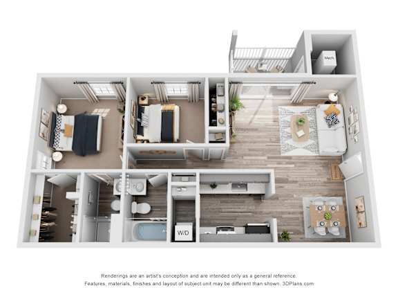A 3D floor plan of a house with labeled rooms.