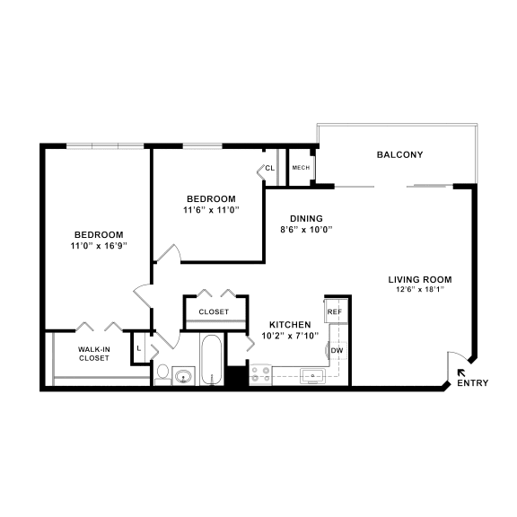 two bedroom two bathroom floorplan at Cheverly Station, Maryland