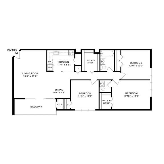 three bedroom one and a half bathroom floorplan 1100 square feet at Cheverly Station Apartments, Cheverly, MD 20785