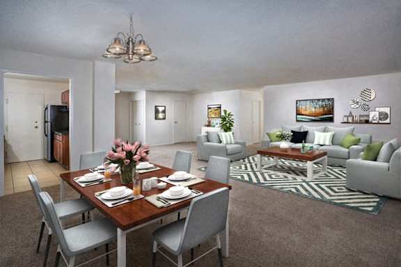 A dining room with a wooden table set for six.
