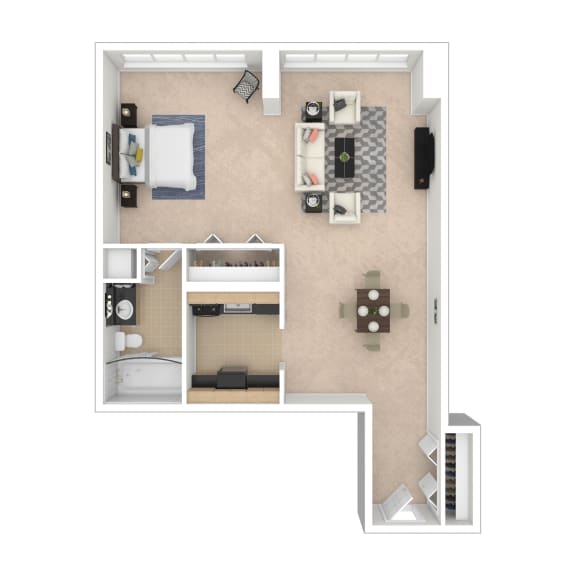 Studio B Floor Plan Image 540 sq ft #D Furnished at Cole Spring Plaza, Silver Spring, Maryland