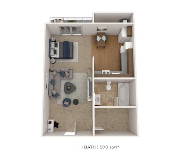 A 1 bathroom 500 square foot apartment.