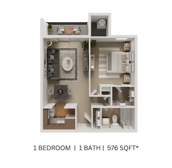 A diagram of a small apartment with one bedroom and one bathroom at Columbia Pointe, Maryland, 21045
