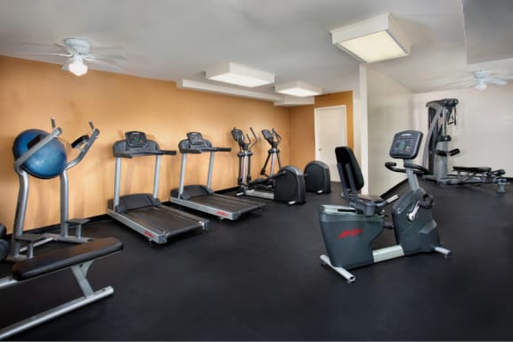 a gym with cardio equipment and weights on a black floor at Cheverly Station Apartments, Cheverly, Maryland