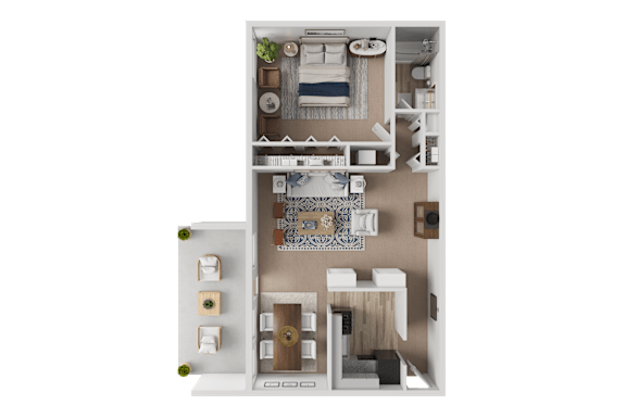 A top-down view of a small apartment with a kitchen, living room, and bathroom.