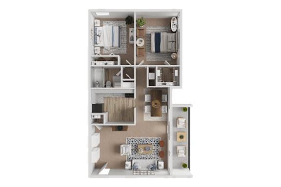 A 3D rendered image of a small apartment layout.