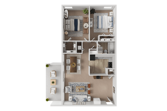 A 3D floor plan of a small apartment with a kitchen, living room, and bathroom.