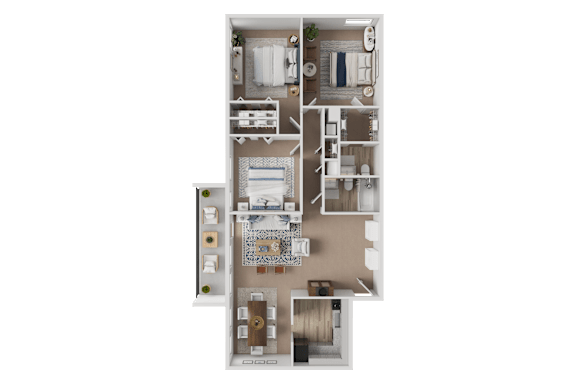 A detailed 3D floor plan of a house layout.