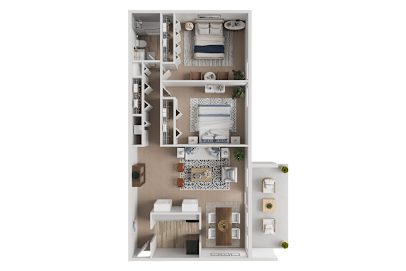 A detailed 3D floor plan of a small apartment layout.