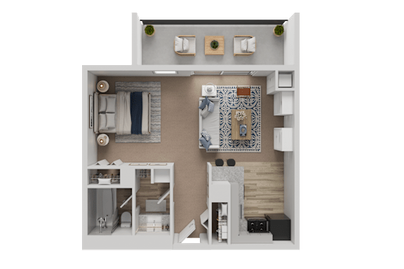A 3D rendered image of a small apartment layout.
