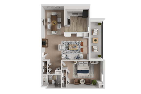 A 3D floor plan of a house with a living room, kitchen, and two bedrooms.