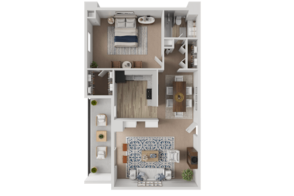 A top-down view of a house interior with a living room, kitchen, and dining area.