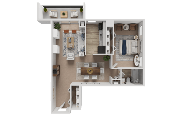 A top-down view of a house layout with a kitchen, living room, and bathroom.