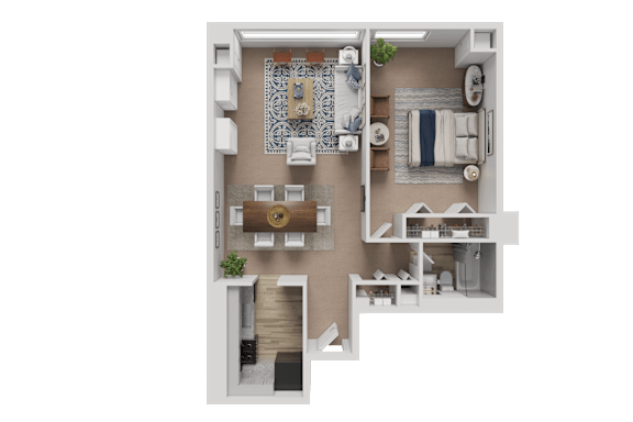 A 3D rendered image of a modern apartment layout.