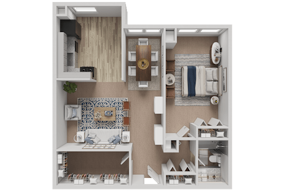 A 3D rendered image of a small apartment layout.