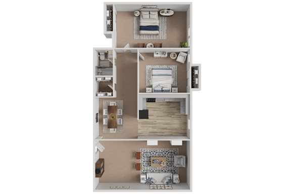 A floor plan of a house with a kitchen, living room, and two bedrooms.