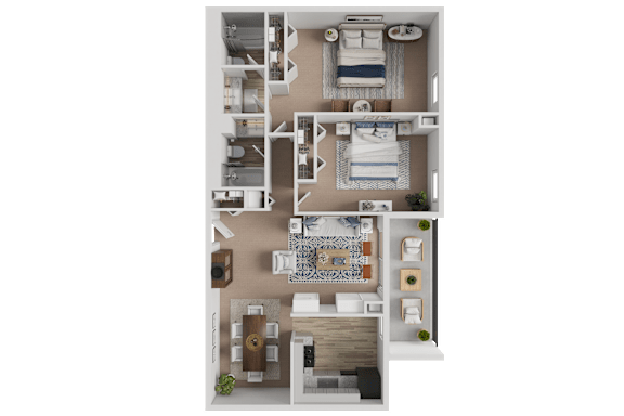 A top-down view of a house layout with a kitchen, living room, and bedrooms.