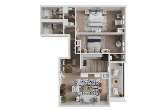 A detailed 3D floor plan of a modern apartment.