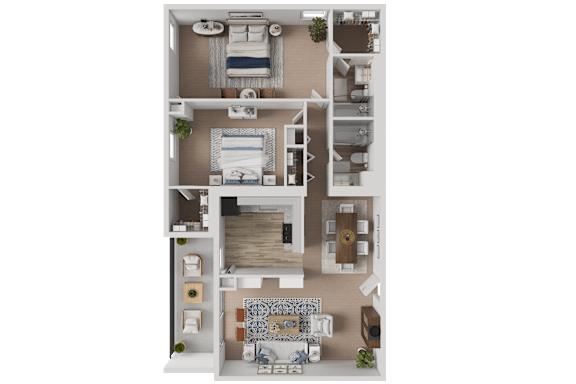 A 3D floor plan of a house with two bedrooms, a living room, a kitchen, and a bathroom.