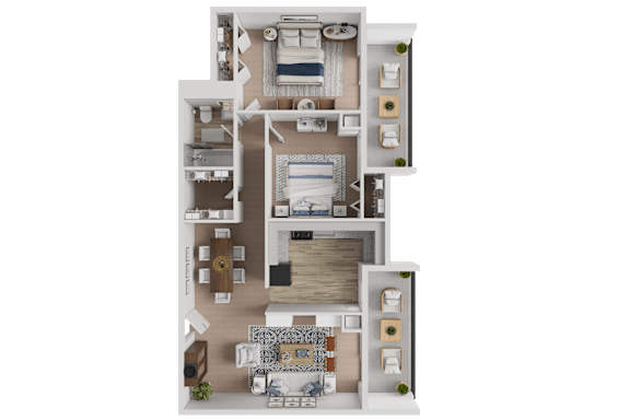 A detailed 3D floor plan of a two-story apartment.