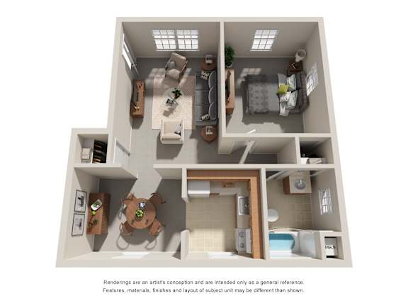 3D floor plan with one bedroom layout at Highland Ridge Apartments, Maryland, 20743