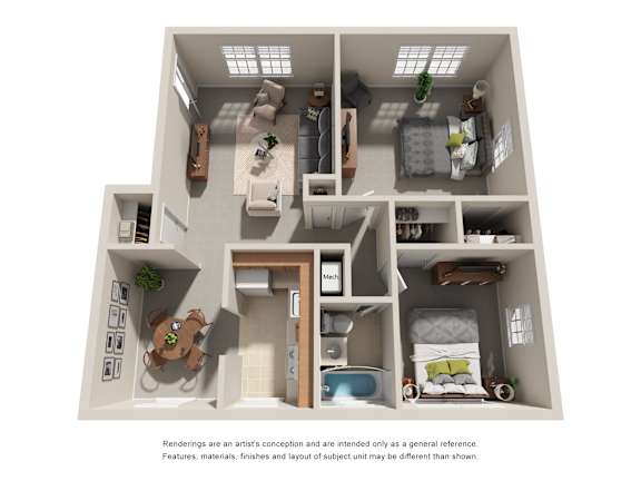 3D floor plan of two bedroom apartment layout at Highland Ridge Apartments, Capitol Heights, MD 20743