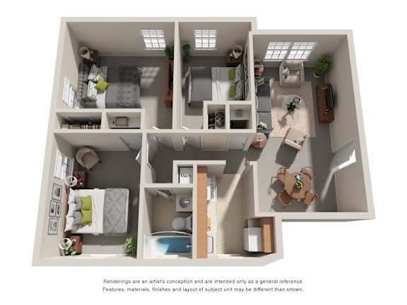 3D floor plan with three bedrooms at Highland Ridge Apartments, Capitol Heights, MD
