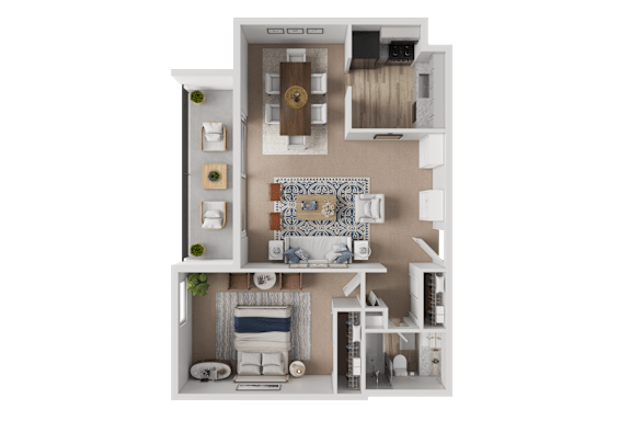 A 3D model of a house layout with a kitchen, living room, and bathroom.