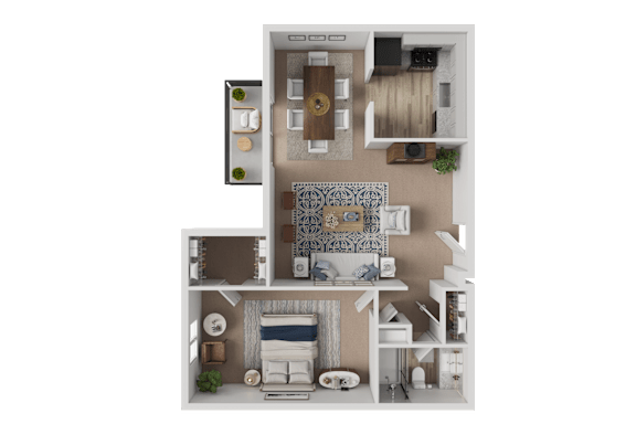A 3D floor plan of a house with a living room, kitchen, and bedrooms.