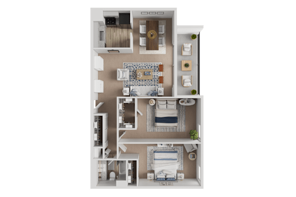 A 3D floor plan of a house with a living room, kitchen, and two bedrooms.