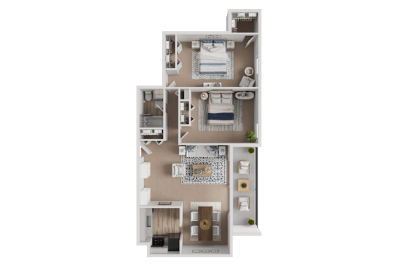 A 3D floor plan of a house with a kitchen, living room, and two bedrooms.