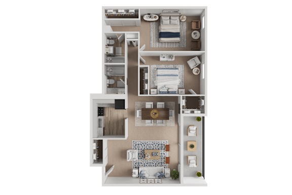 A detailed 3D floor plan of a house showing the layout of the rooms.