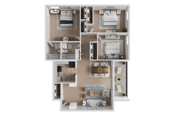 A 3D floor plan of a house with multiple rooms and furniture.