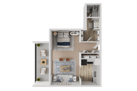 A 3D model of a house with a kitchen, living room, and bathroom.