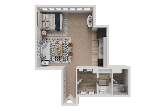 A 3D floor plan of a house with a kitchen, living room, and bathroom.
