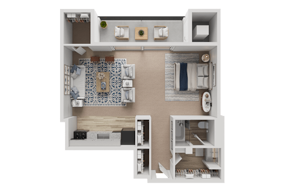 A 3D floor plan of a house with a living room, kitchen, and two bedrooms.