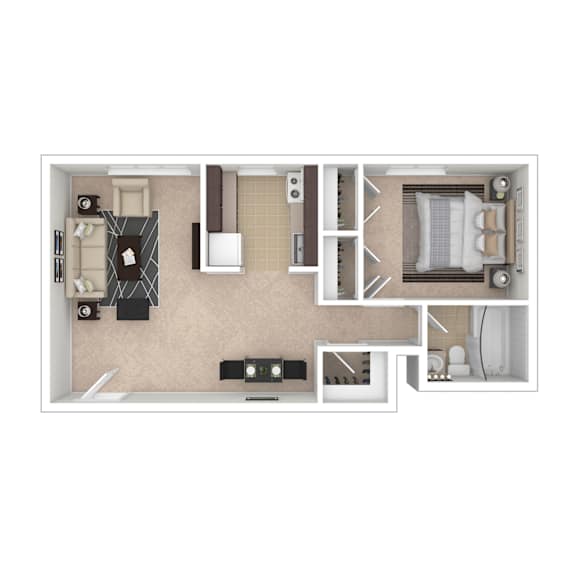 A floor plan of a small apartment with a kitchen, living room, and bathroom.